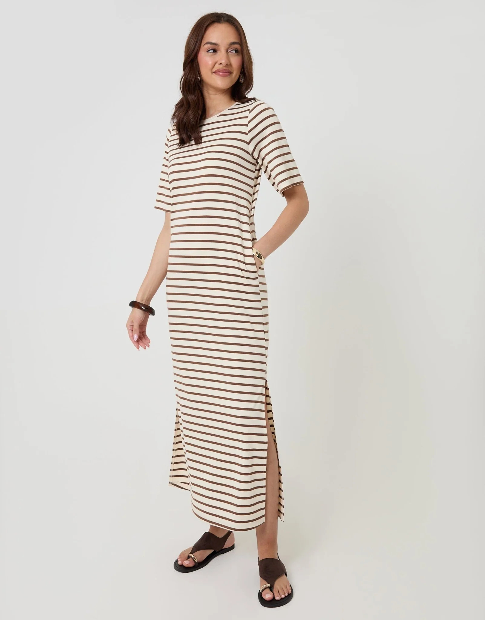 Jersey Maxi T-Shirt Dress in Mocha Brown Stripe | Threadbare UK