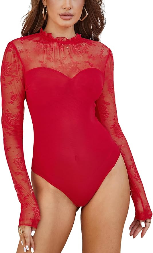 Women's Lace Mesh Crochet Splicing Sheer Long Sleeve Bodysuit Turtleneck Jumpsuit Body Suits Goin... | Amazon (US)
