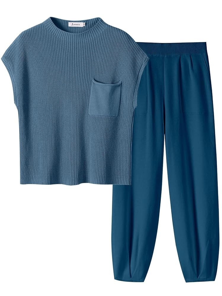 ANRABESS Women's Two Piece Outfits Knit Sweater Vest Crop Top Pants Lounge Matching Tracksuit Swe... | Amazon (US)