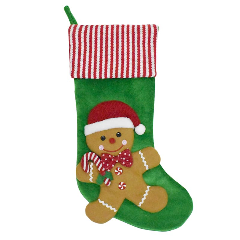 Gingerbread Boy Stocking, 20", Green, Fabric, sold by At Home | At Home