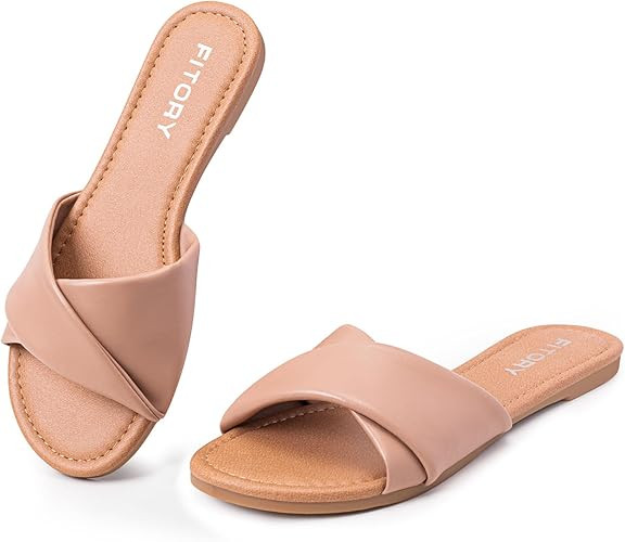FITORY Women's Flat Sandals Fashion Slides With Soft Leather Slippers for Summer Size 6-11 | Amazon (US)