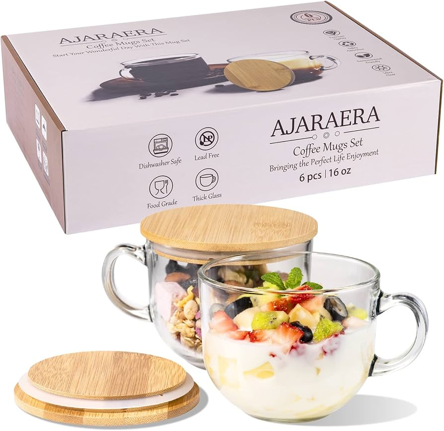 AJARAERA Espresso Cups Set Of 6-Overnight Oats Containers With Lids,Clear Coffee Mug With Lid 14O... | Amazon (US)