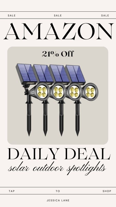 Amazon daily deal, save 21% on this four pack of outdoor solar LED spotlights. We have these in our front and backyard gardens. Outdoor lighting, Amazon home, LED solar lights, garden lights, Amazon deal

#LTKsalealert #LTKhome #LTKSeasonal