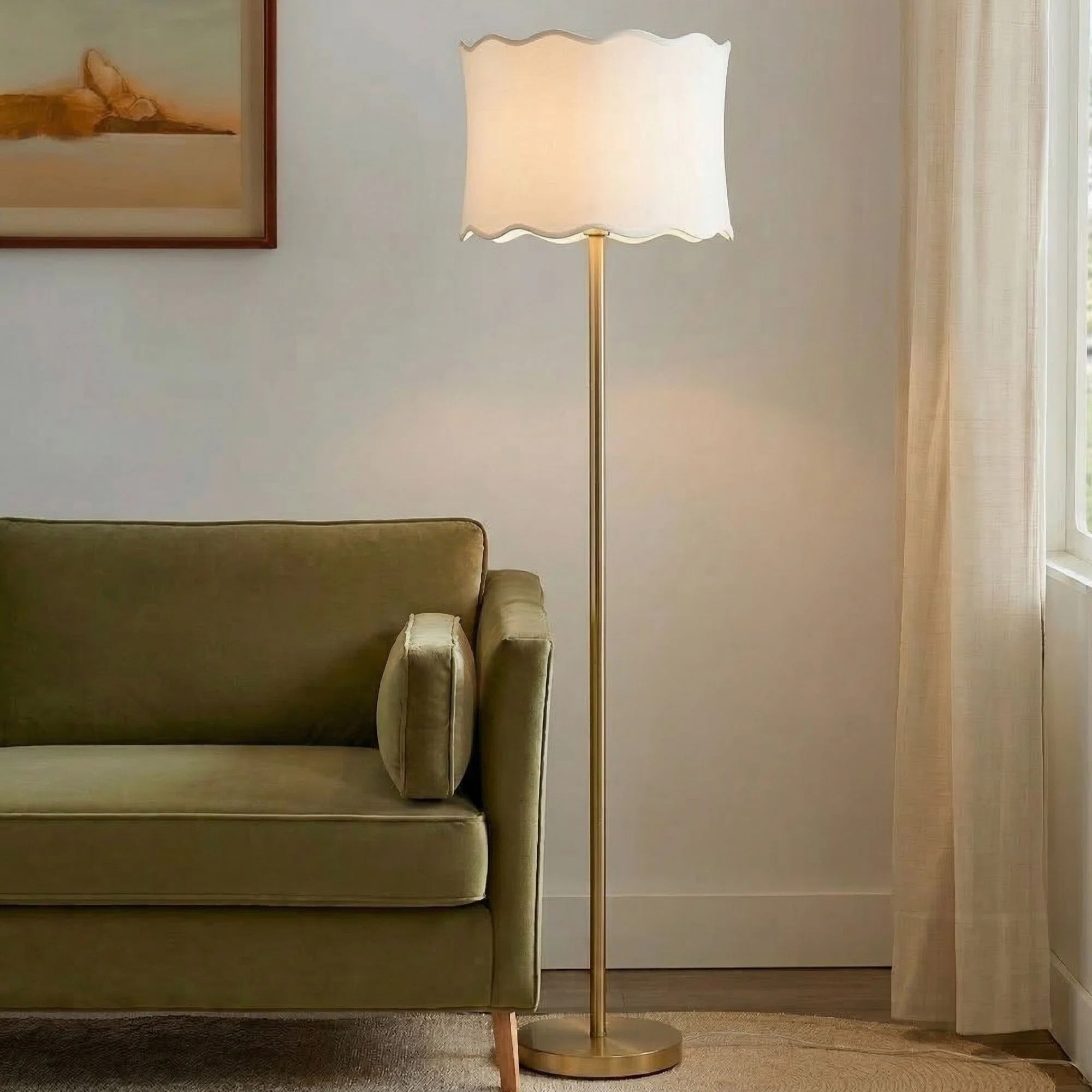 Vesta Gold Dimmable Floor Lamp with Fabric Scalloped Shade | Wayfair North America