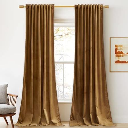 StangH Gold Brown Velvet Blackout Curtains 96 inches - Back Tab Rod Pocket Halloween Window Drape... | Amazon (US)