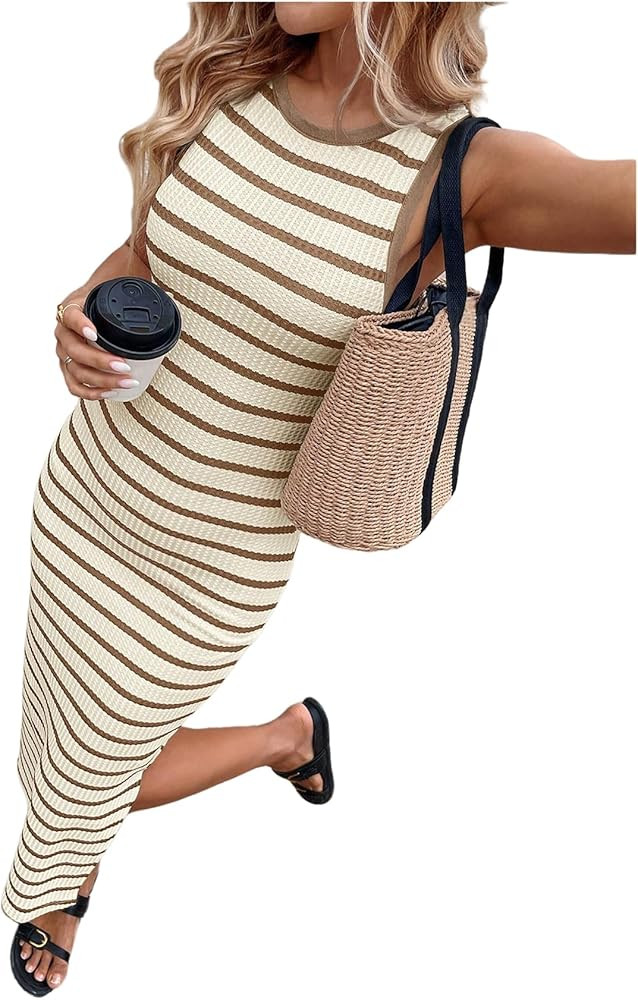 GORGLITTER Women's Striped Summer Midi Dresses Bodycon Split Long Dress Boho Vacation Beach Sundr... | Amazon (US)