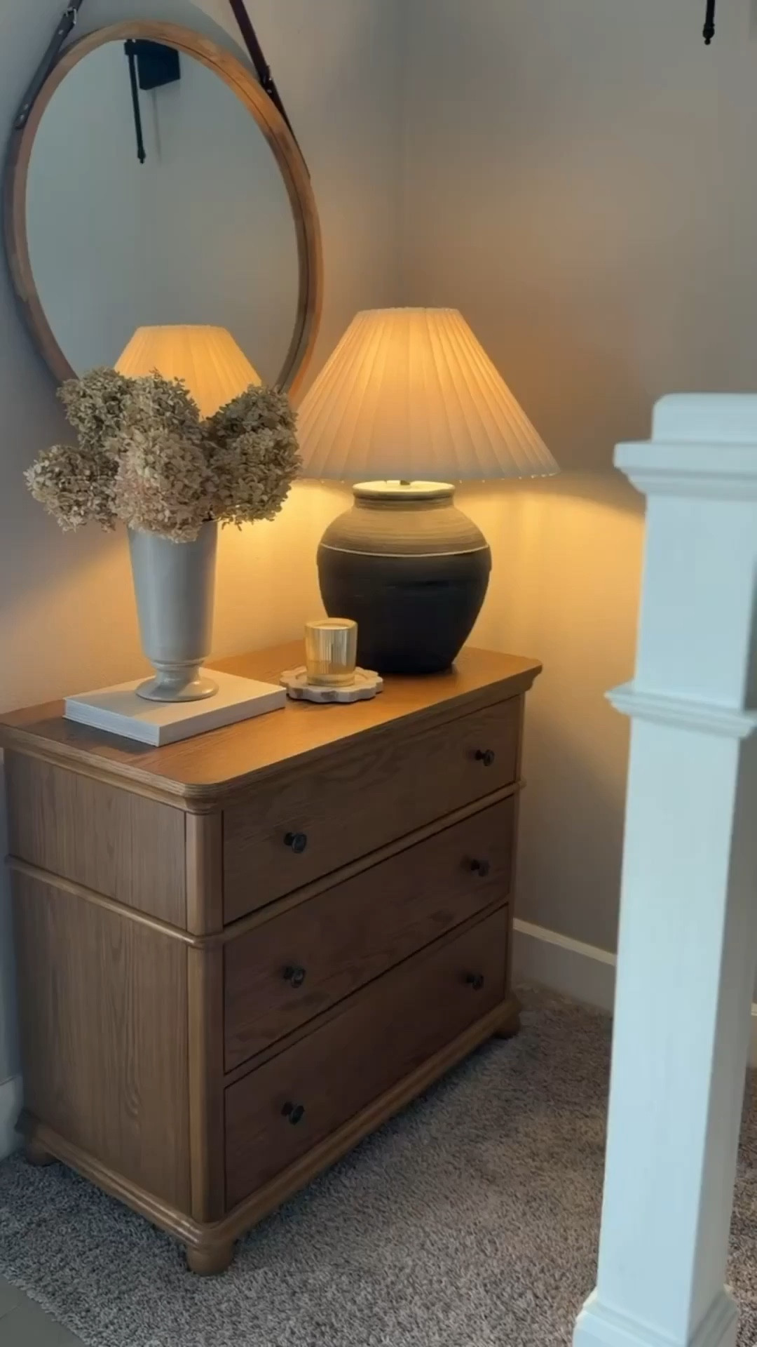 How I dressed this space up for the transitional months into spring! I’m loving this aged oak dresser. Beautiful as a chest of drawers or as an oversized nightstand. 