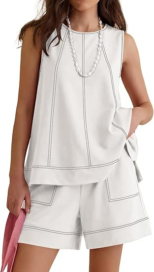 LOMON Womens Two Piece Short Sets Summer Round Neck Sleeveless Tank Tops Drawstring Elastic Waist... | Amazon (US)
