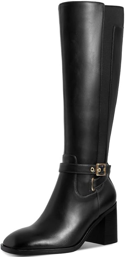 Women's Knee High Boots Faux Leather Chunky Block High Heel Square Toe with Side Zipper Buckle El... | Amazon (US)