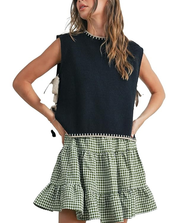 Women Mock Neck Crochet Sweater Vest Sleeveless Tie Knot Slit Tank Knit Tops Lightweight Casual P... | Amazon (US)