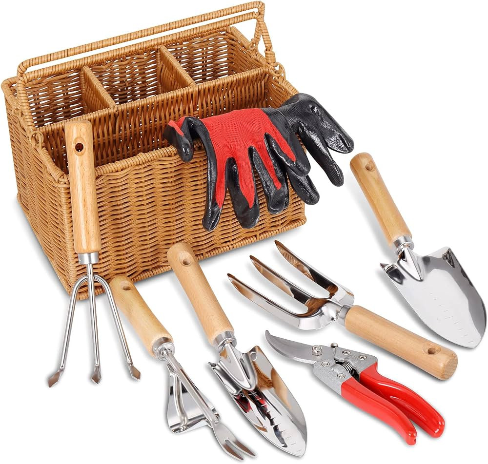 SOLIGT Garden Tools Set with Basket, Heavy Duty Stainless Steel Gardening Hand Tool with Wood Han... | Amazon (US)