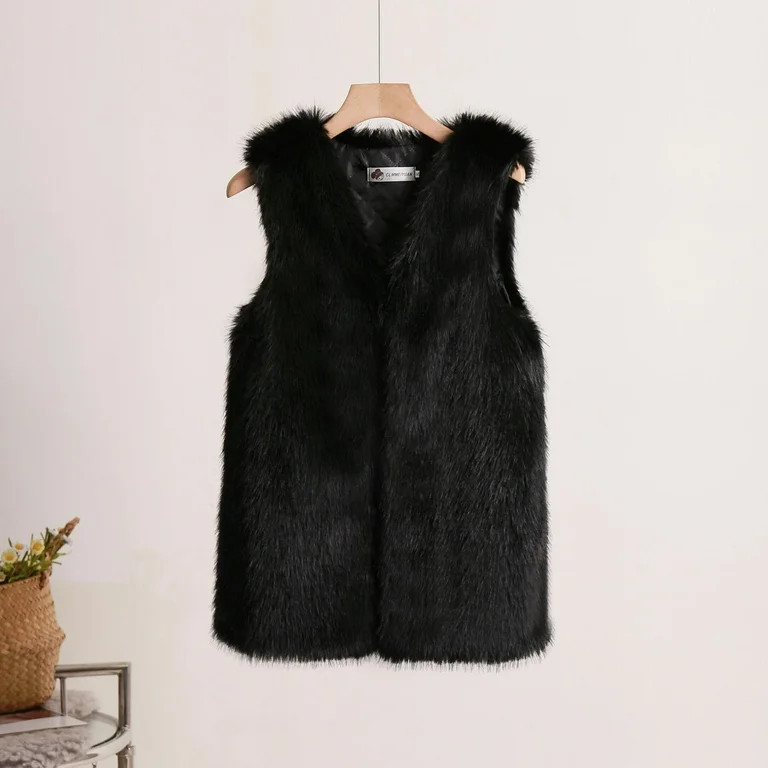 jsaierl Women's Fashion Medium Length Faux Fur Vest Warm Women's Vest Coat Faux Fur Tops | Walmart (US)