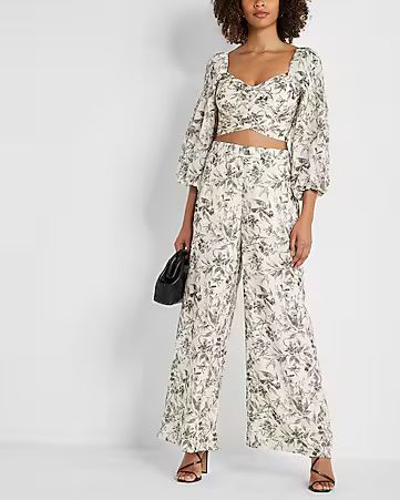 Two Piece Set: Puff Sleeve Cropped Top + Wide Leg Pant | Express