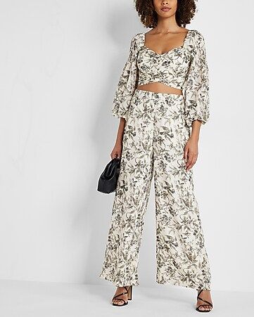 Two Piece Set: Puff Sleeve Cropped Top + Wide Leg Pant | Express