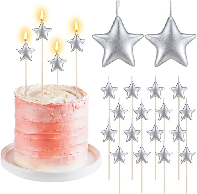 16 Pack Silver Birthday Candles for Cake Star Shaped Sparkler Candles Metallic Color Stereo Cake ... | Amazon (US)