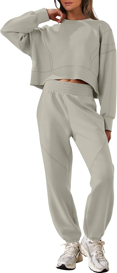 ANRABESS Womens 2 Piece Outfits Lounge Sets Cropped Sweatshirt & Joggers Fashion Sweatsuit Sweat ... | Amazon (US)