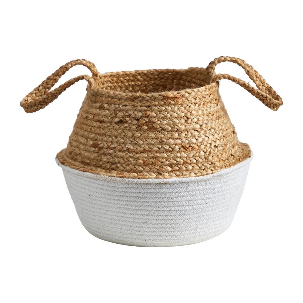 Nearly Natural 14 in. White Boho Chic Handmade Cotton and Jute Woven Basket Planter, Beige | The Home Depot