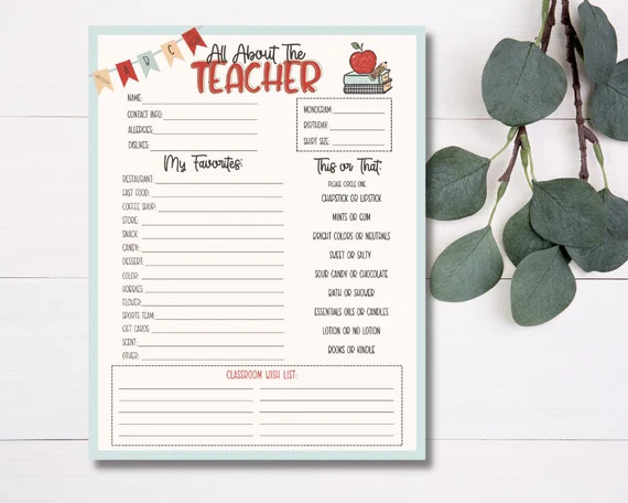 All About The Teacher Questionnaire/Back to School/teacher appreciation/printable/teacher gifts | Etsy (US)