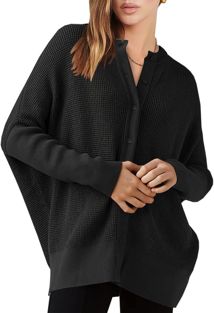 ANRABESS Women’s Long Sleeve Waffle Knit Sweater Button Down Open Front Casual Cardigan & Detached T | Amazon (US)