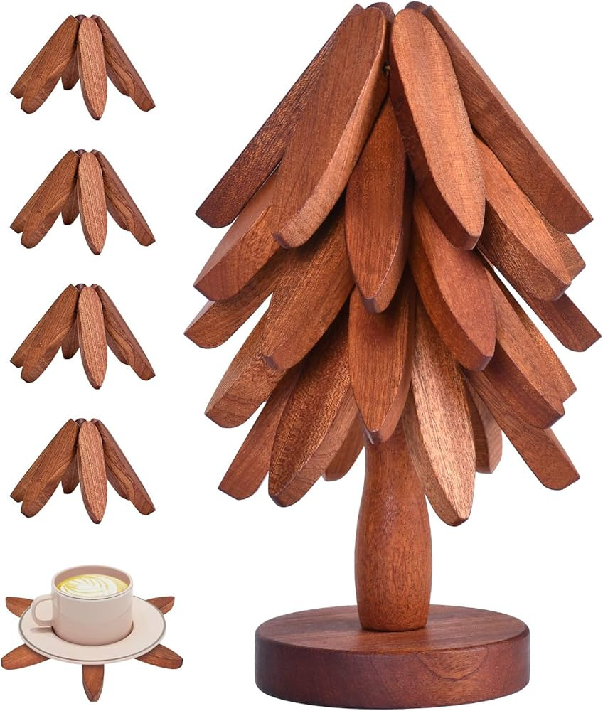 Christmas Tree Coasters - Wooden Trivets for Hot Dishes, Tree Shape Set - 5 Walnut Wood Trivets +... | Amazon (US)