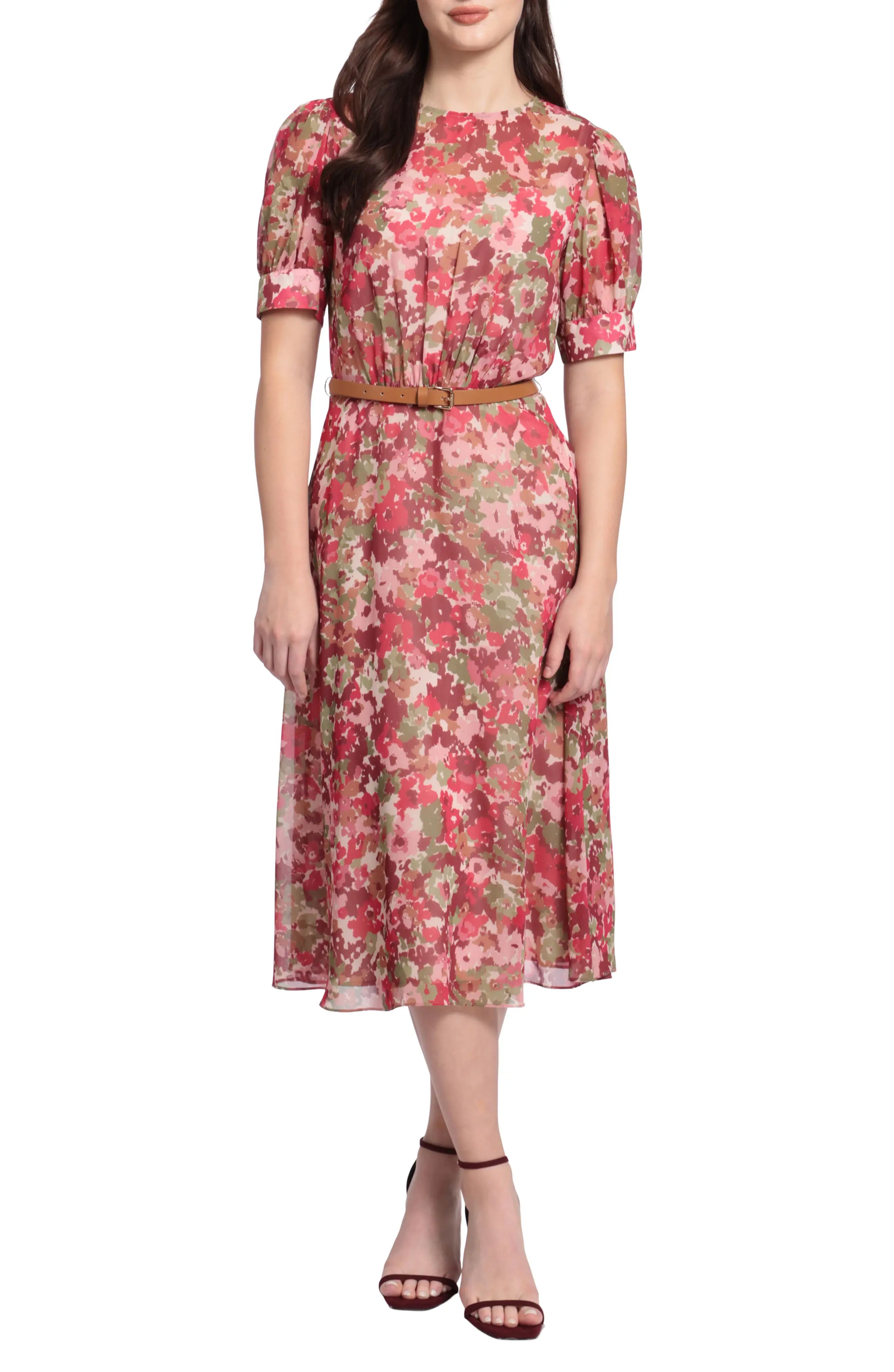 Maggy London Floral Chiffon Midi Dress in Blush/Red at Nordstrom, Size 6 | Nordstrom