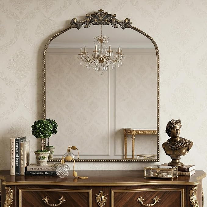 PERHOM Antique Wall Mirror - Vintage Black Large Arched Mirror, Ornate Beaded Mirror for Fireplac... | Amazon (US)