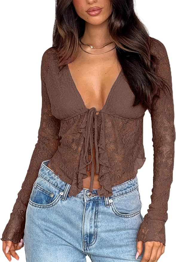 Women's Sexy Open Front Tie Long Sleeve Ruffle Trim Sheer Mesh Lace Crop Tops Blouses | Amazon (US)