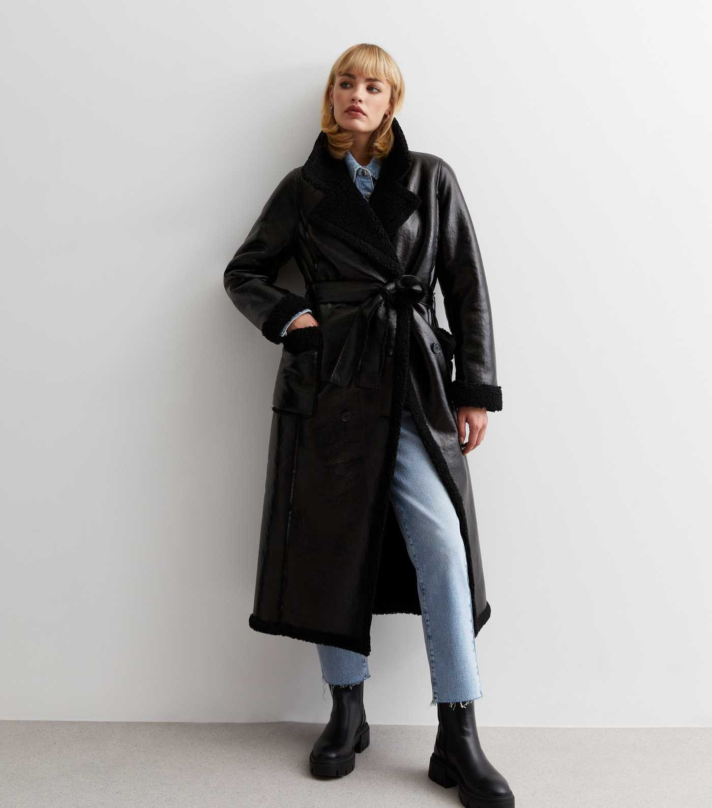 Black Leather-Look Teddy Trim Longline Trench Coat
						
						Add to Saved Items
						Remove f... | New Look (UK)