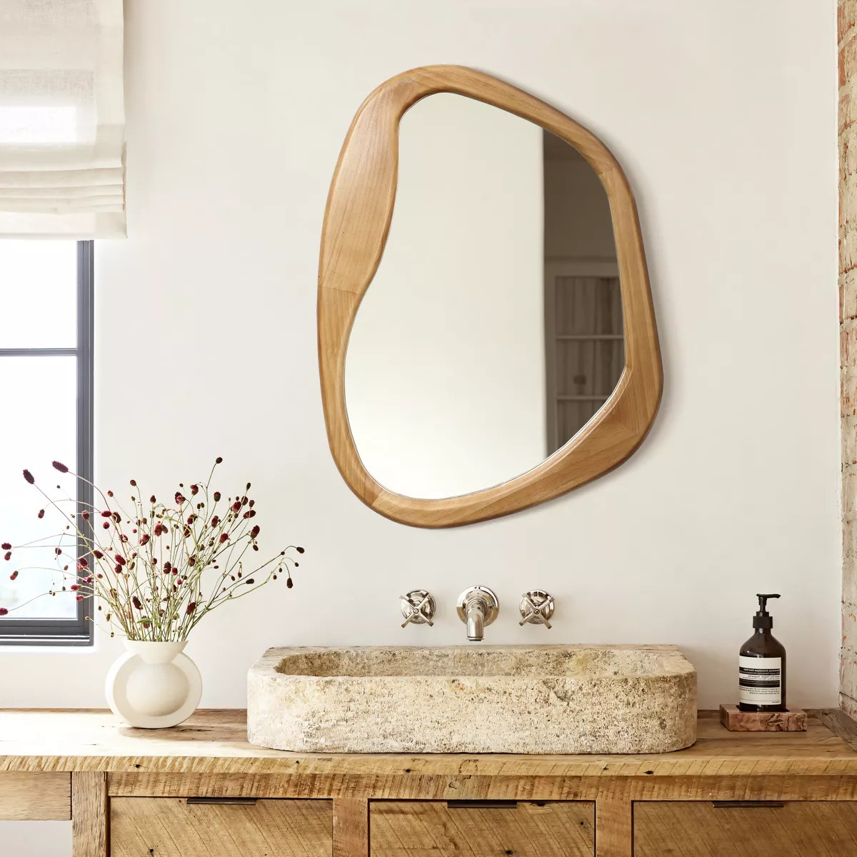 LuxenHome Natural Pine Wood Frame Irregular Oblong Wall Mirror Brown | Target