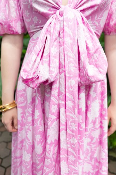 Pink organic cotton block print midi dress for summer style outfit inspiration with a. Chic tie-front! #pinkdress #organiccotton #sustainablefashion #ecofriendly 

#LTKsalealert #LTKstyletip #LTKSeasonal