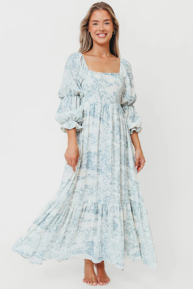 Emerson 100% Cotton Smocked Maxi Dress with Long Sleeves in Blue Toile | Worth Collective