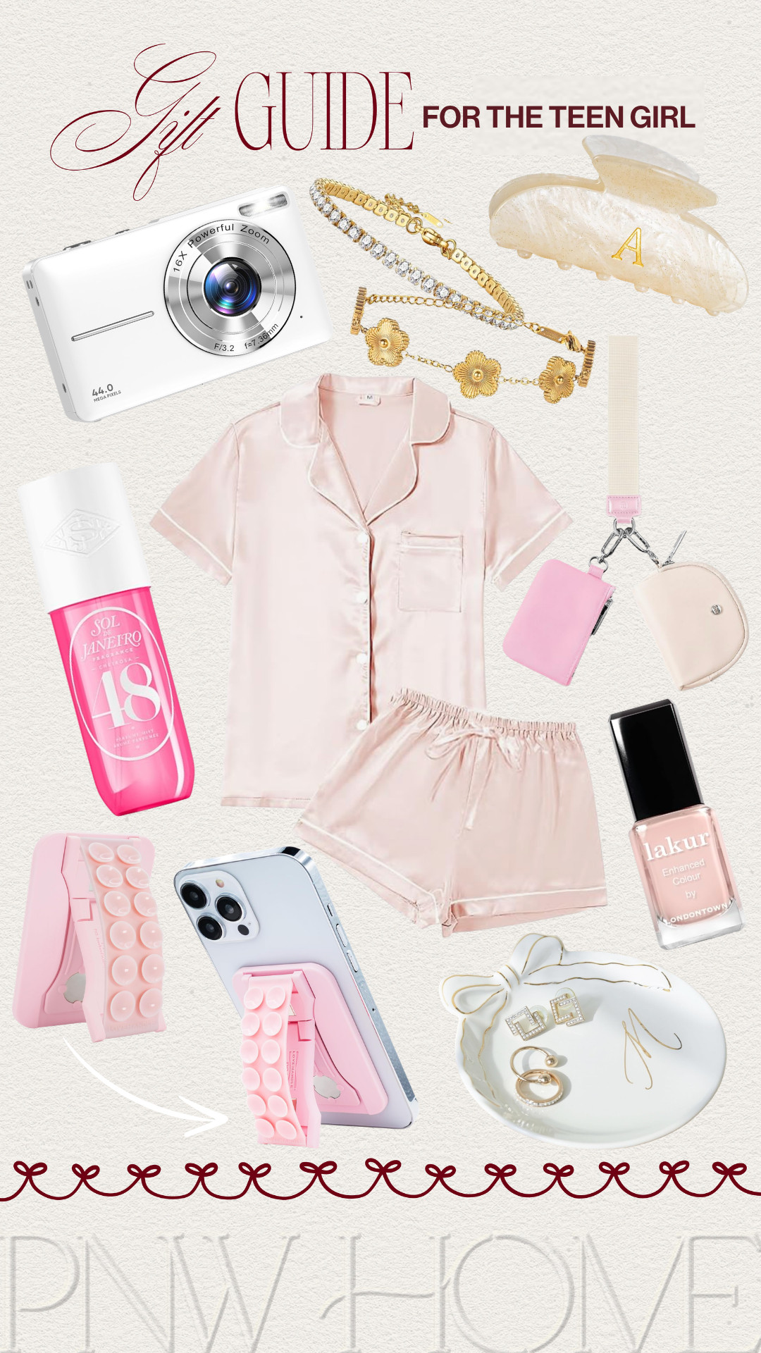 Holiday gift guide for the teen girl!

gifts for the teen girl, pink pajamas, satin pajamas, Christmas gift guide, digital camera, body spray, phone accessories, pink nail polish, jewelry dish, keychain purse, gold bracelet, jaw clip, claw clip, teen accessories 

 #LTKmomlife #LTKKids