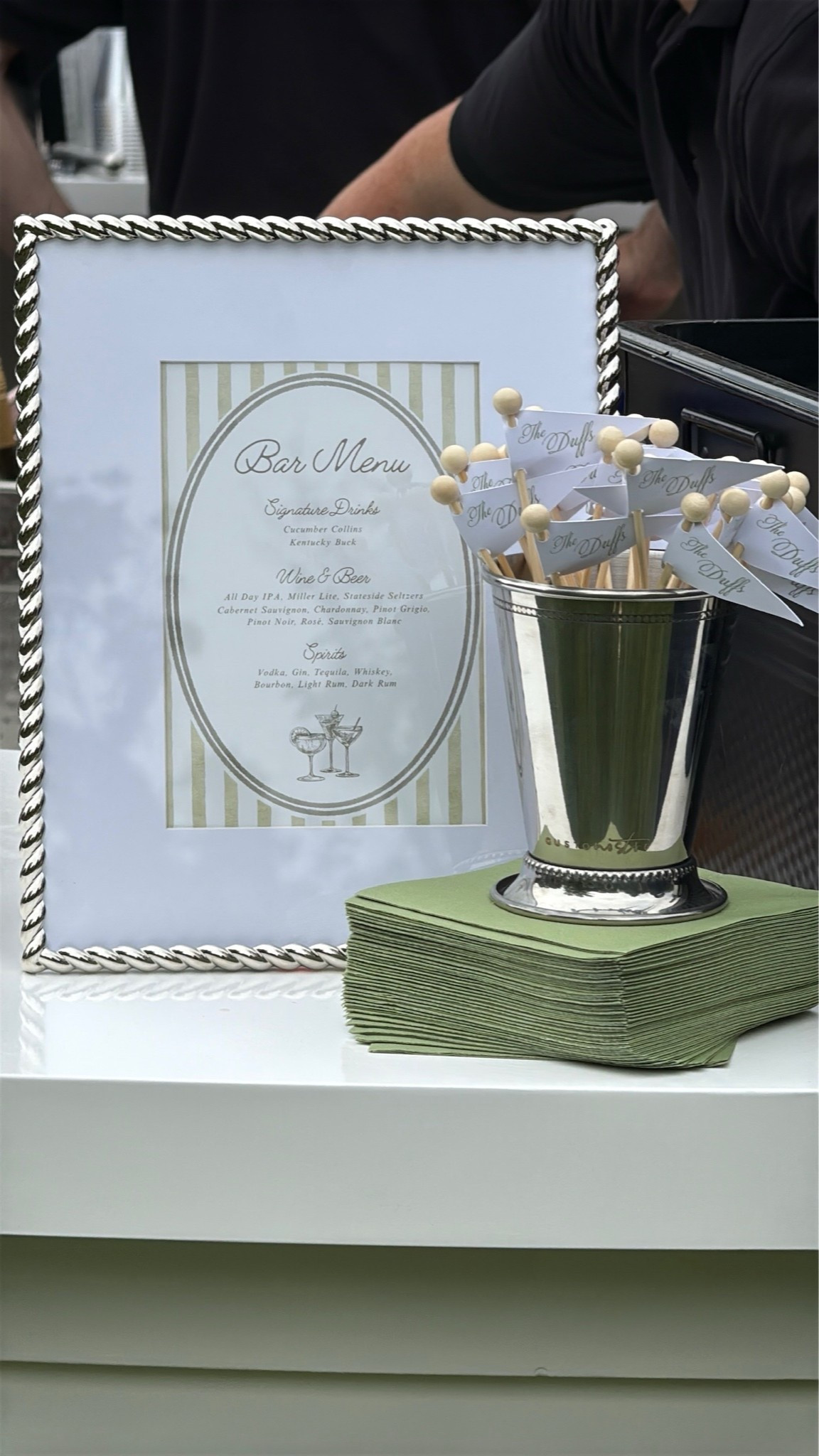 Some of our bar decor ~ We actually had two custom linen signs made to hang down the fronts of the bars but only one made it out of the box on the day of! So glad we also did printed signage on the bar tops. Custom napkins and drink stirrers came from Etsy, along with the template for our bar menu. Linked the linen menus too, they turned out great & shipped quickly.

#LTKWedding