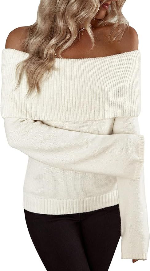 MakeMeChic Women's Off Shoulder Fold Over Long Sleeve Sweater Pullover Tops | Amazon (US)