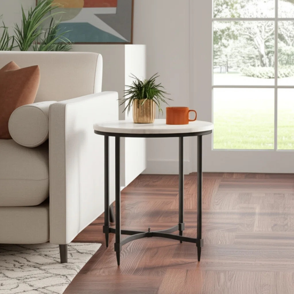 Stone Marble And Iron Round Accent Table With Contemporary Frame | Wayfair North America