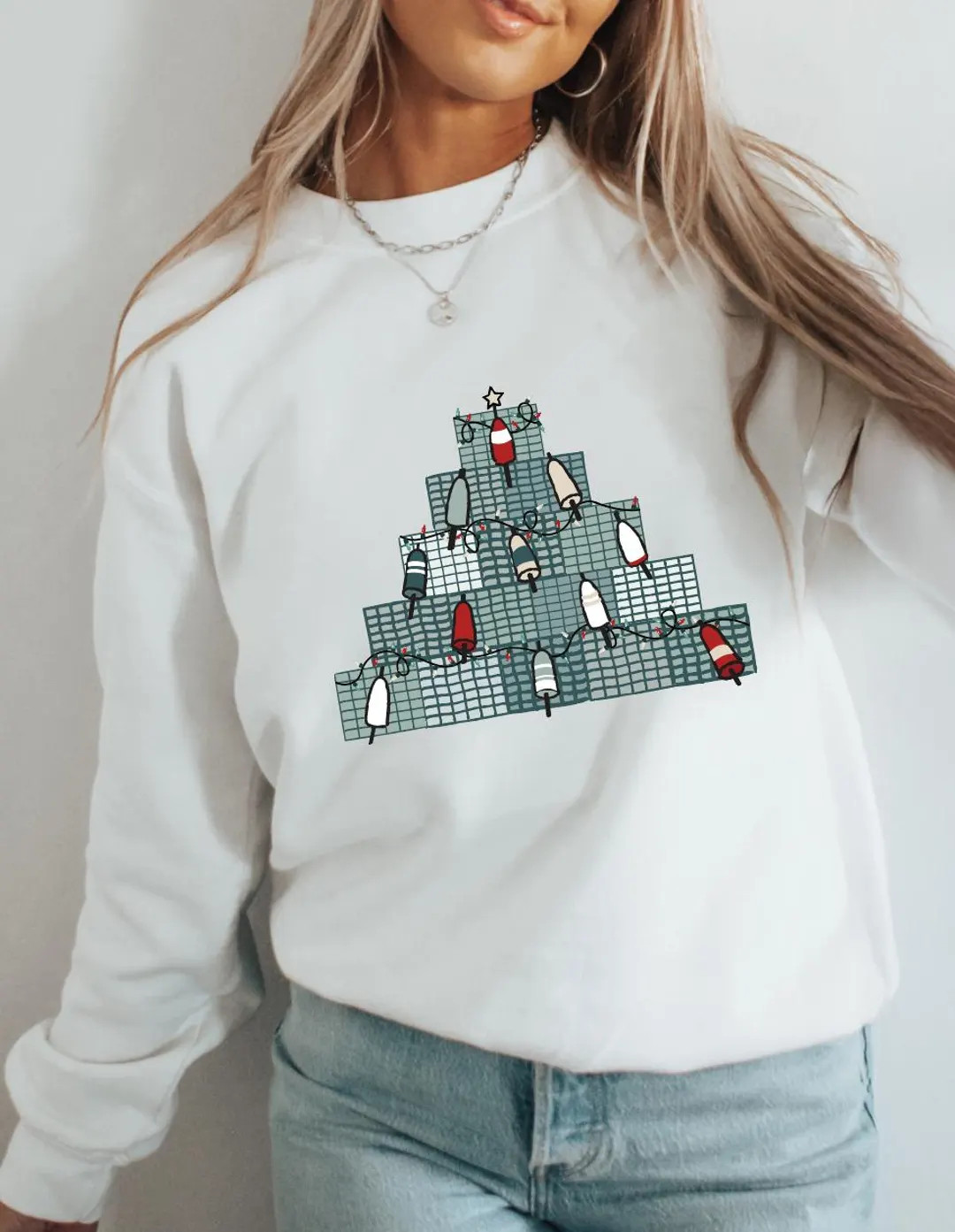 Lobster Trap Christmas Tree Crewneck Sweatshirt Nautical Beachy Salty Buoy Fishing Salt Water Vib... | Etsy (US)