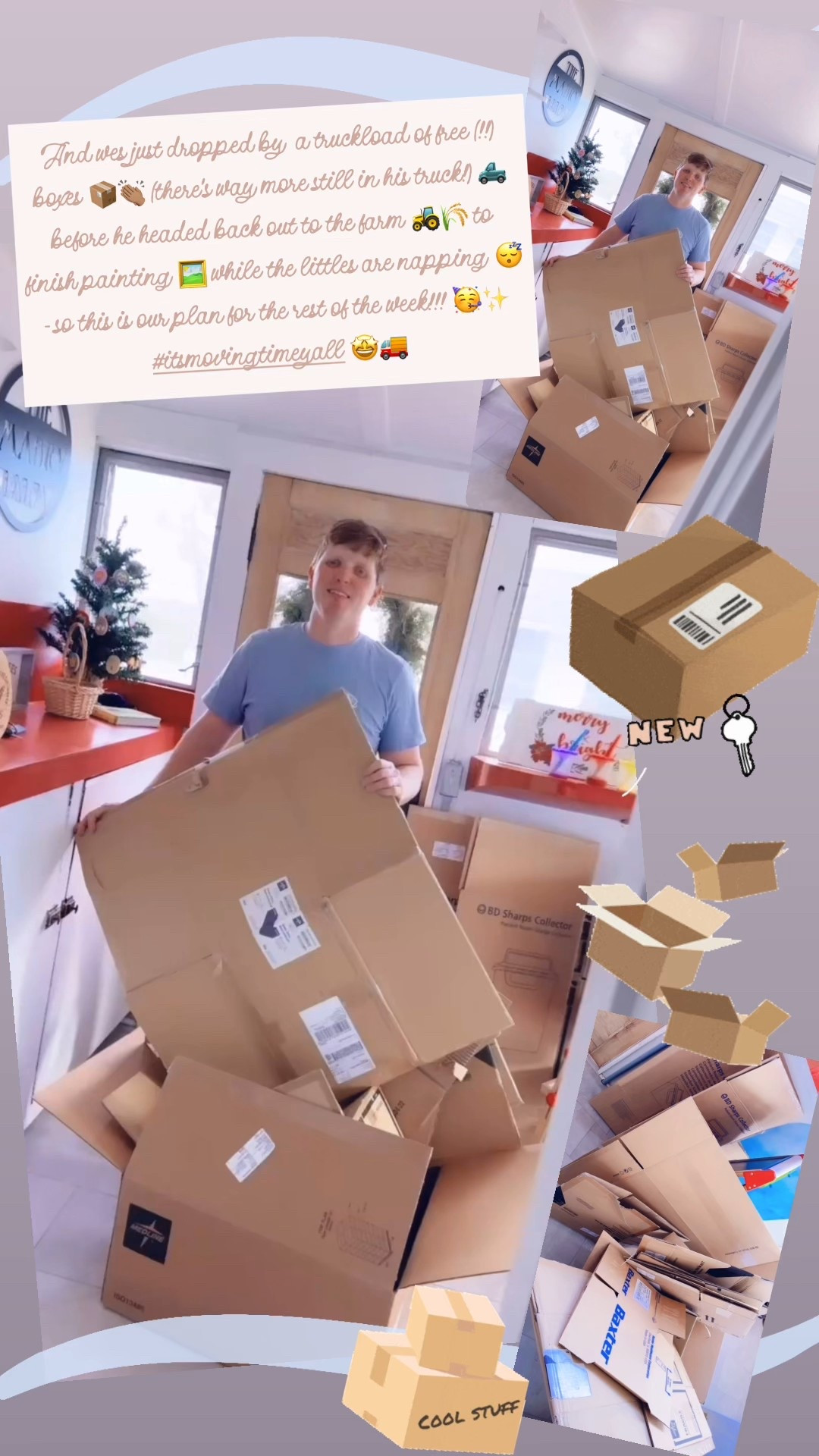 And wes just dropped by  a truckload of free (!!) boxes 📦👏🏽 (there’s way more still in his truck!) 🛻 before he headed back out to the farm 🚜🌾 to finish painting 🖼️ while the littles are napping 😴 - so this is our plan for the rest of the week!!! 🥳✨ #itsmovingtimeyall 🤩🚚