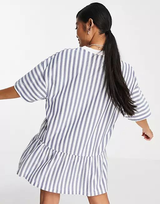 ASOS DESIGN Petite oversized t-shirt dress with frill hem in blue and cream stripe | ASOS | ASOS (Global)