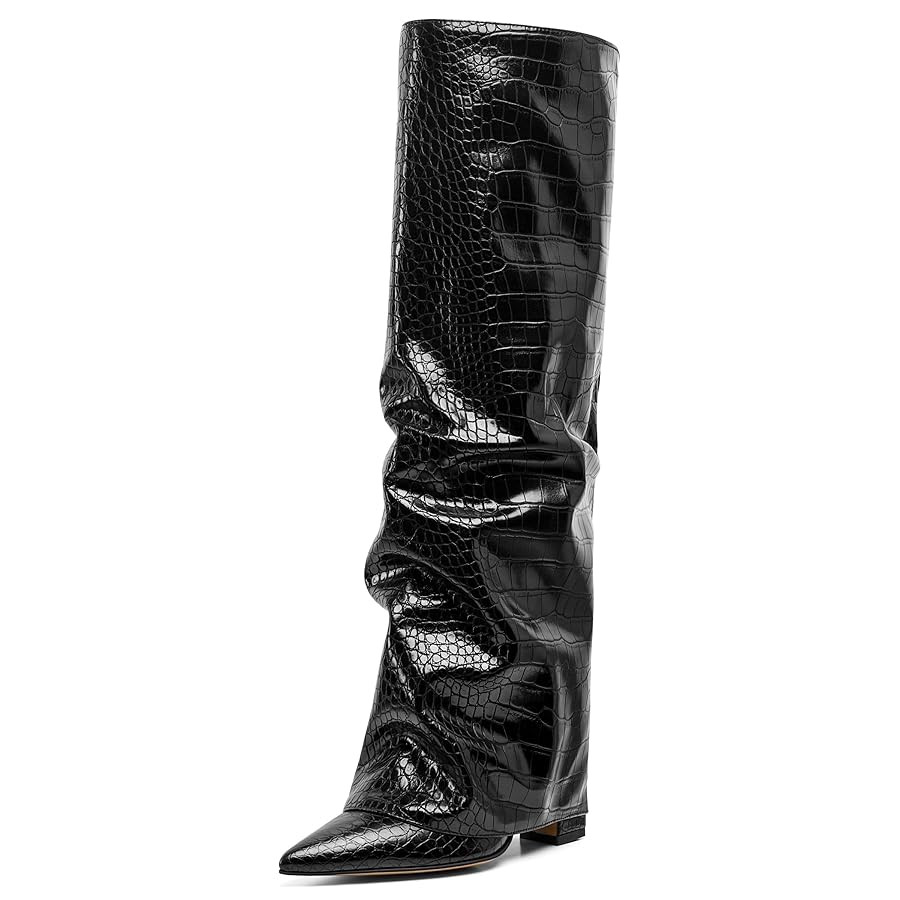 SaraIris Women's Slouchy Knee High Boots - Black, Pointed Toe, Fold Over, Chunky, Shark Boots | Amazon (US)