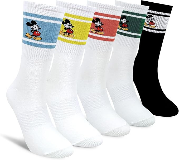 Mickey Mouse Crew Socks Collection, Multi Pairs, Athletic Striped Design, White Black Pink Beige | Amazon (US)