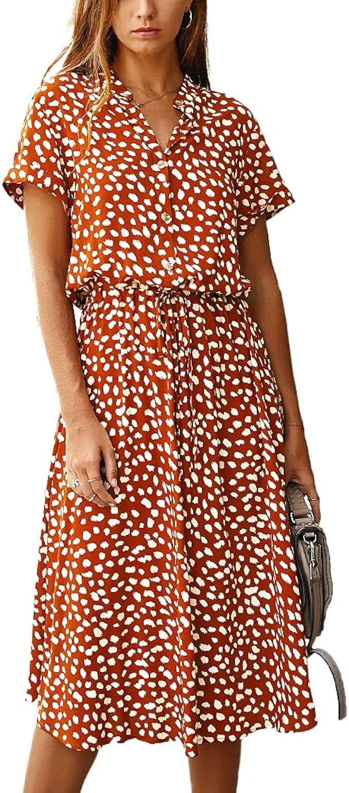 BROVAVE Women's Summer Casual Shirt Dress Polka Dot Print Vintage Short Sleeve Midi Dress | Amazon (US)