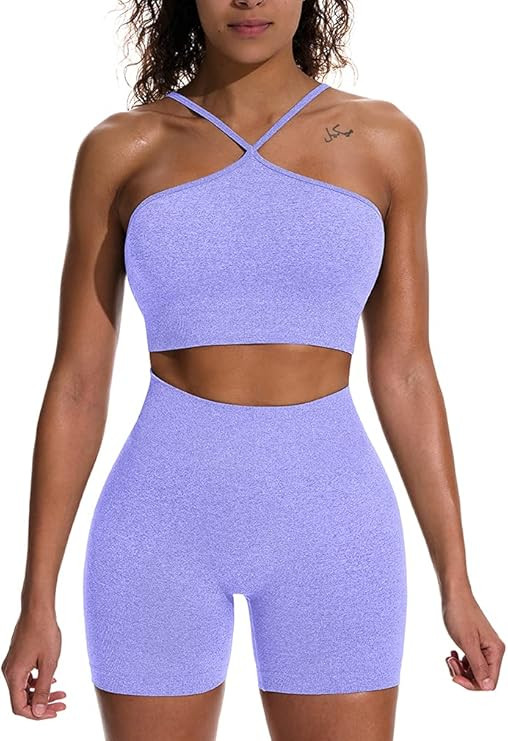 HYZ Women's Workout 2 Piece Outfits High Waist Running Shorts Seamless Gym Yoga Crop Top Bra Sets | Amazon (US)