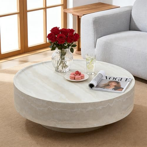 YOPENG Faux Marble Round Coffee Table, 35.43" Luxury Circle Coffee Table, Drum Stone Center Table, Beige End Table, Minimalist Sofa Accent Table for Living Room Apartment Office | Amazon (US)