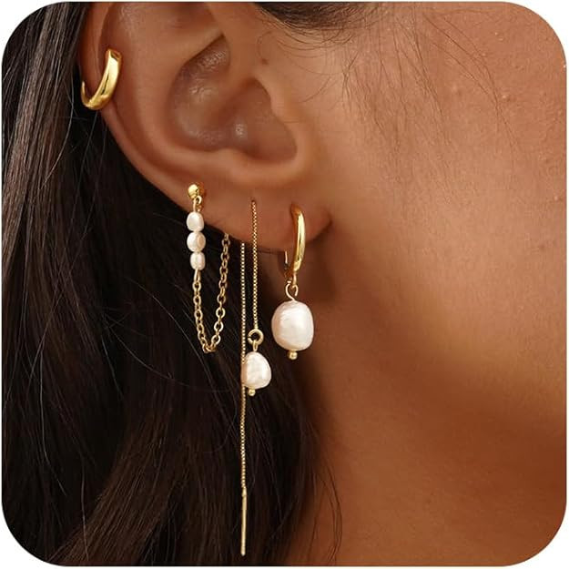 Moodear Pearl Dangle Hoop Earrings for Women - Dainty Hypoallergenic 14K Gold Plated Small Drop C... | Amazon (US)