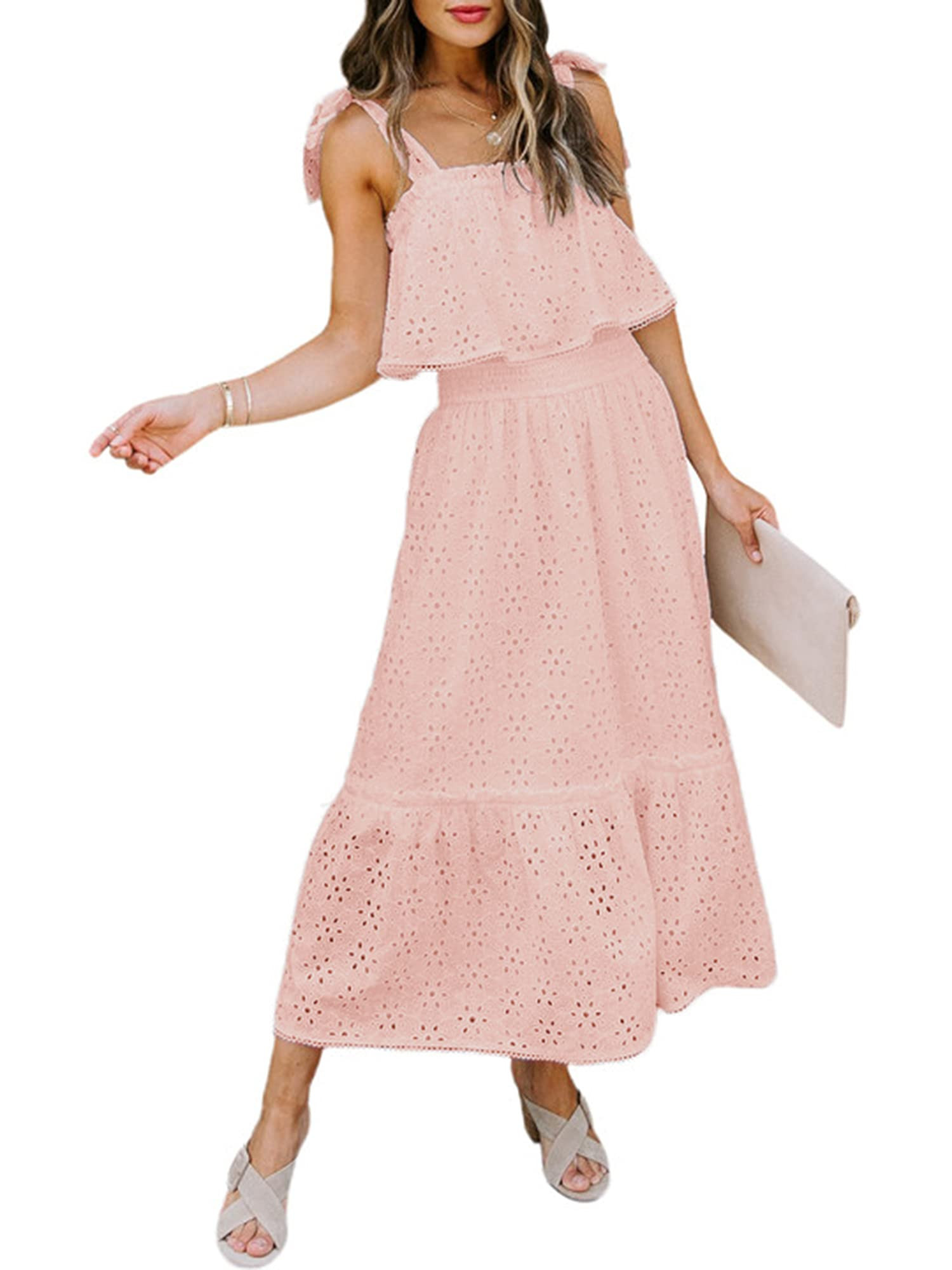 BerryGo 2021 Women's Boho Eyelet Beach Dress Embroidery Off Shoulder Ruffle Maxi Dress with Bow K... | Amazon (US)