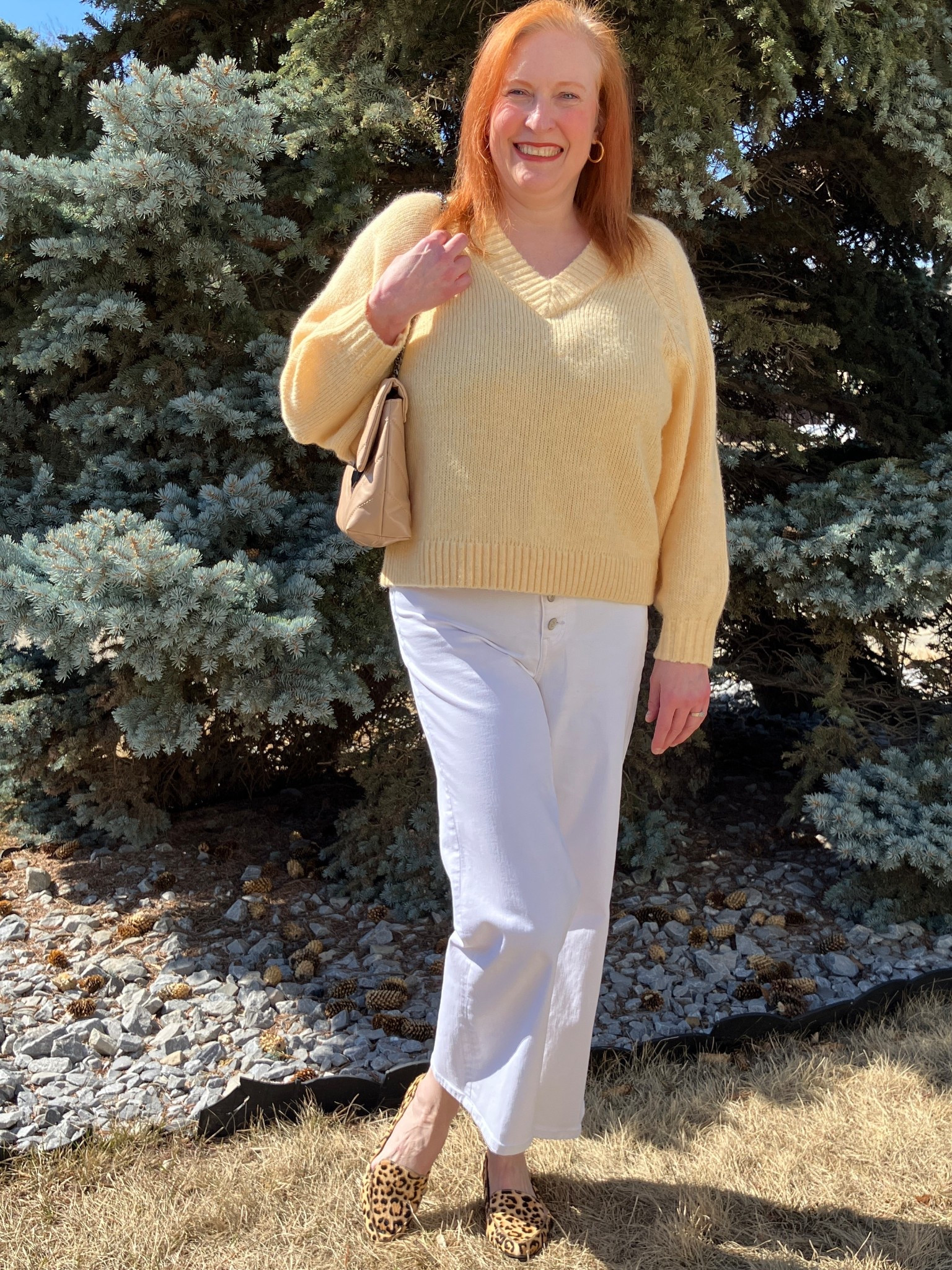 How will I know if this outfit is good? I will know because I’m wearing some leopard print. If you’ve been my friend for a while, you’ll know I love leopard print and try to sneak it in when I can. Today it’s my shoes. I thought they played well with the yellow sweater and white jeans and a tan bag. We ended up not getting more snow today!! Yaaaaass!! 🙌🙌🙌 So I’m in a pretty happy mood! Canadians click on the first links to shop, and Americans click on the second links to shop. If there’s only one link then you can shop it in your own country. And remember, trendy doesn’t have to be expensive! Bye!

#LTKOver40 #LTKootd #LTKMothersDay