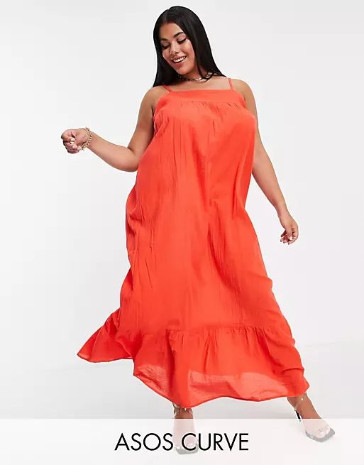 ASOS DESIGN Curve tiered maxi beach dress in red | ASOS (Global)
