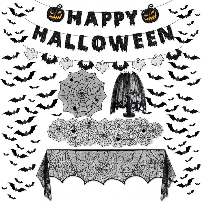 8Pack Halloween Decorations Indoor Halloween Decor, Spider Web Table Cloth/Black Lace Table Runner, Fireplace Mantel Scarf, Cobweb Lampshade with 3D Bat Wall Stickers, Halloween Spooky Home Decor. | Amazon (US)