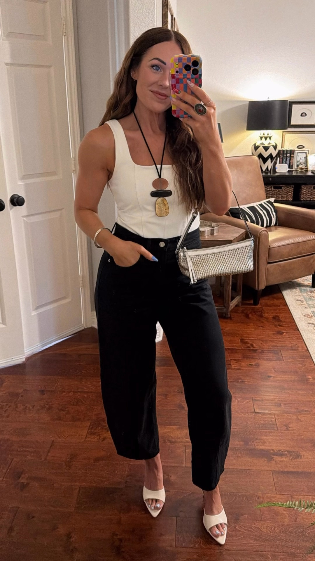 Date night outfit inspo Abercrombie express white bodysuit target barrel leg denim Amazon heels and necklace H&M purse black and white outfit summer outfits work outfit business casual work wear