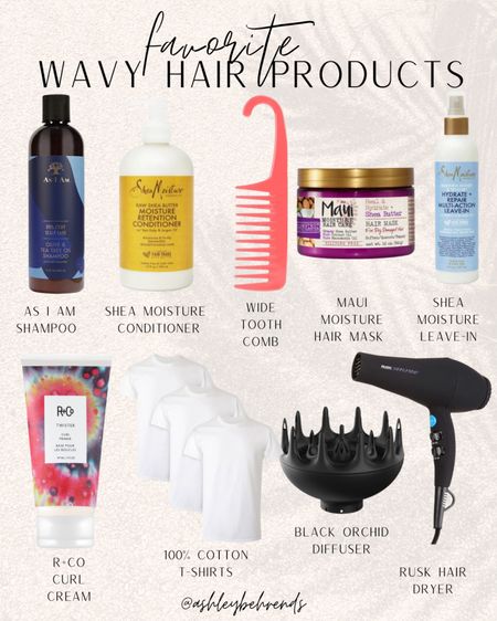 Favorite wavy hair products 🌀
My current hair care line up for natural wavy/curly hair 
As I Am dry + itchy scalp shampoo, Shea Moisture conditioner, wide tooth comb, Maui Moisture hair mask, Shea Moisture leave-in conditioner, R+Co Twister curl cream, 100% cotton t-shirts, Black Orchid diffuser, Rusk hair dryer 
#beautyproducts #haircare #naturalhair #wavyhair #curlyhair #hairproducts #shampoo #conditioner #hairmask #leaveinconditioner #curlcream #hairdryer #blowdryer #diffuser #myfavorites #hairroutine #holygrail

#LTKunder100 #LTKbeauty #LTKhome